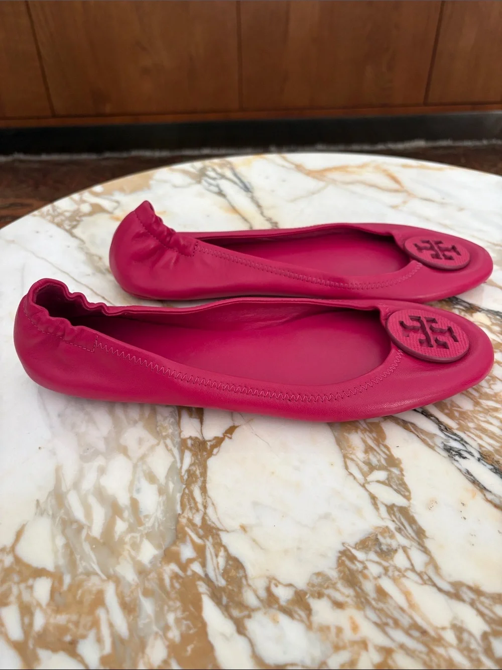 Tory Burch Raspberry Leather Logo Ballet Flats